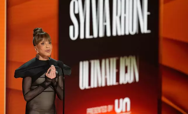 Sylvia Rhone accepts the ultimate icon award during the BET Awards on Sunday, June 28, 2026, at the Peacock Theater in Los Angeles. (AP Photo/John Locher)