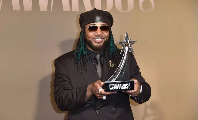 Leon Thomas, winner of the award for best male R&B/pop artist, poses in the press room during the BET Awards on Sunday, June 28, 2026, at the Peacock Theater in Los Angeles. (Photo by Richard Shotwell/Invision/AP)