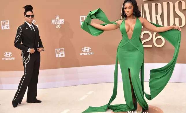 Patrice "Sway" McKinney, left, and Porsha Williams arrive at the BET Awards on Sunday, June 28, 2026, at the Peacock Theater in Los Angeles. (Photo by Richard Shotwell/Invision/AP)