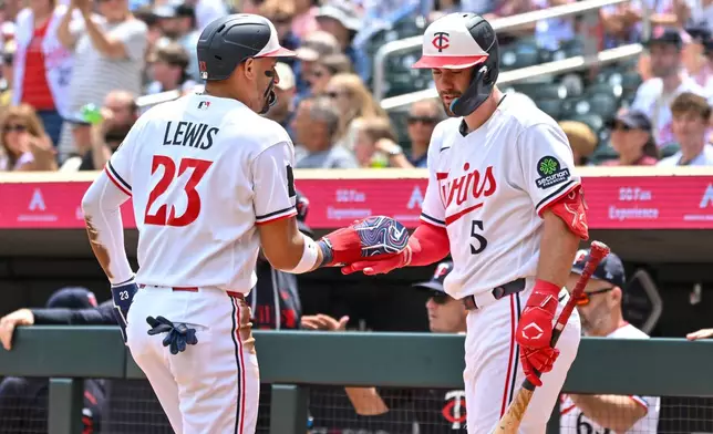 Minnesota Twins' Royce Lewis (23) celebrates with Ryan Kreidler (5) after scoring against the Colorado Rockies during the second inning of a baseball game Sunday, June 28, 2026, in Minneapolis. (AP Photo/Craig Lassig)