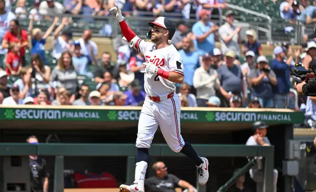 Minnesota Twins' Kody Clemens celebrates after hitting a home run against the Colorado Rockies during the fourth inning of a baseball game Sunday, June 28, 2026, in Minneapolis. (AP Photo/Craig Lassig)