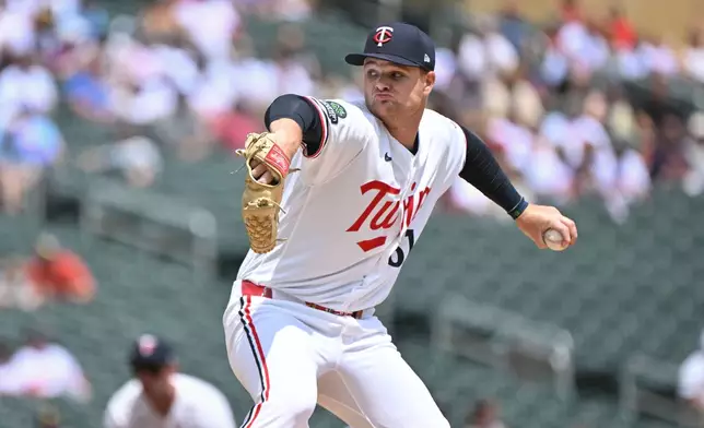 Minnesota Twins pitcher Connor Prielipp throws against the Colorado Rockies during the first inning of a baseball game Sunday, June 28, 2026, in Minneapolis. (AP Photo/Craig Lassig)