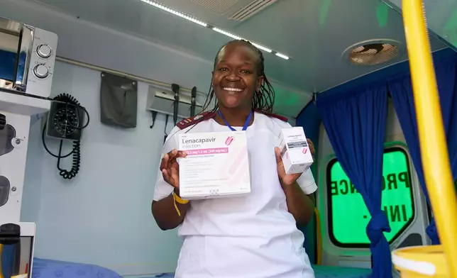 Thandeka Shabangu, a nurse, holds Lenacapavir before administering it to a patient at a mobile clinic in Secunda, South Africa, Friday, June 5, 2026. (AP Photo/Kayleen Morgan)
