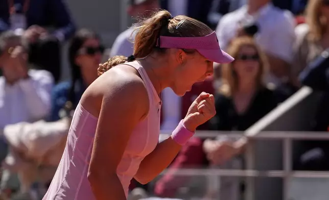 Russia's Mirra Andreeva reacts during the final tennis match against Poland's Maja Chwalinska at the French Open in Paris, Saturday, June 6, 2026. (AP Photo/Thibault Camus)