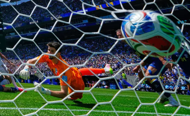 Bosnia goalkeeper Nikola Vasilj (1) is beaten by a shot from Qatar's Hassan Alhaydos (10) for a goal during the World Cup Group B soccer match between Bosnia and Qatar in Seattle, Wednesday, June 24, 2026. (AP Photo/Manu Fernandez)