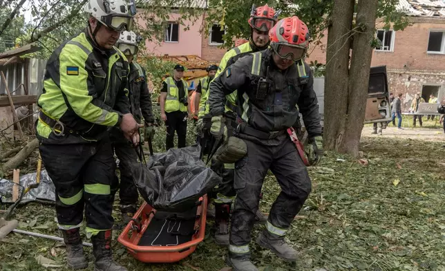 Rescuers carry a body that they removed from under the rubble of an apartment building following Russia's missile attack in Kharkiv, Ukraine, Saturday, June 20, 2026. (AP Photo/Andrii Marienko)