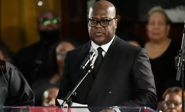 FILE - Democratic Republic of Congo President Felix-Antoine Tshisekedi Tshilombo speaks during the Homegoing Celebration of Life for the Rev. Jesse Jackson, March 7, 2026, at Rainbow PUSH Coalition headquarters in Chicago. (AP Photo/Erin Hooley, File)