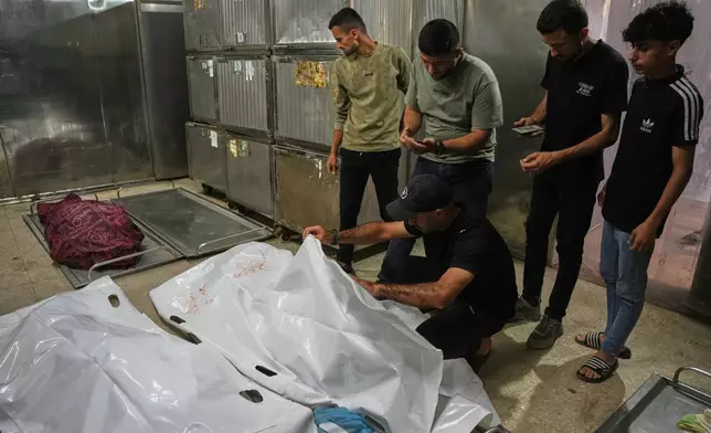 Mourners take the last look at the bodies of two Palestinian girls Zeina Safadi, and her sister Lana, who were killed during an overnight Israeli airstrike that damaged their home, during their funeral in Gaza city, Saturday, June 20, 2026. (AP Photo/Abdel Kareem Hana)