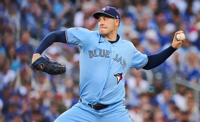 Toronto Blue Jays' Patrick Corbin works against the Philadelphia Phillies during second-inning baseball game action in Toronto, Monday, June 8, 2026. (Sammy Kogan/The Canadian Press via AP)