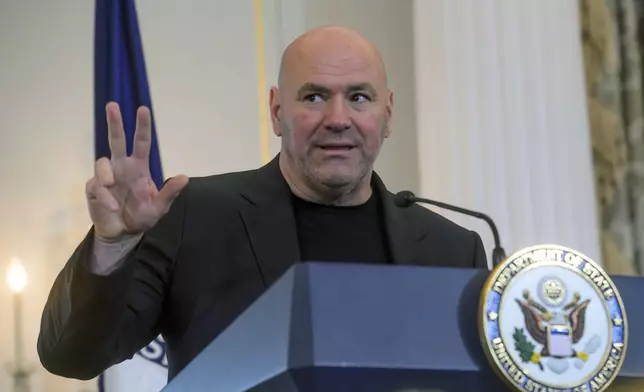 UFC President and CEO Dana White speaks prior to joining Secretary of State Marco Rubio for a Memorandum of Understanding signing ceremony at the State Department, Thursday, June 11, 2026, in Washington. (AP Photo/Rod Lamkey, Jr.)
