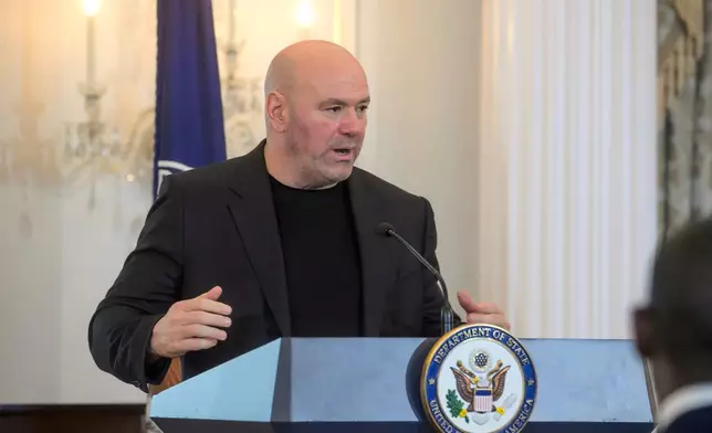 UFC President and CEO Dana White speaks prior to joining Secretary of State Marco Rubio for a Memorandum of Understanding signing ceremony at the State Department, Thursday, June 11, 2026, in Washington. (AP Photo/Rod Lamkey, Jr.)
