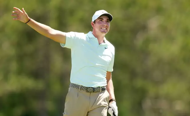Ben James reacts to his tee shot on the second hole during the third round at the Canadian Open golf tournament in Caledon, Ontario, Saturday, June 13, 2026. (Nathan Denette/The Canadian Press via AP)
