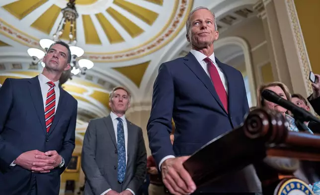 Senate Majority Leader John Thune, R-S.D., joined from left by Sen. Josh Hawley, R-Mo., and Sen. James Lankford, R-Okla., speaks to reporters after a closed-door meeting with fellow Republicans, at the Capitol in Washington, Tuesday, June 2, 2026. (AP Photo/J. Scott Applewhite)