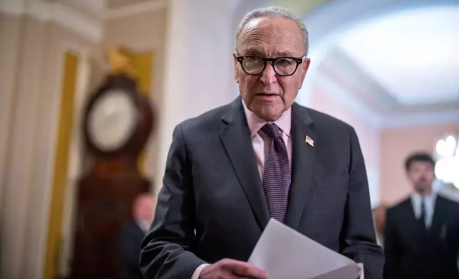 Senate Minority Leader Chuck Schumer, D-N.Y., talks to reporters about Democratic efforts to push back on President Donald Trump's policies, at the Capitol in Washington, Tuesday, June 2, 2026. (AP Photo/J. Scott Applewhite)