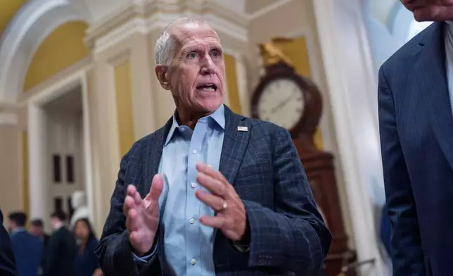 Sen. Thom Tillis, R-N.C., heads to the chamber following a closed-door meeting with fellow Republicans, at the Capitol in Washington, Tuesday, June 2, 2026. (AP Photo/J. Scott Applewhite)