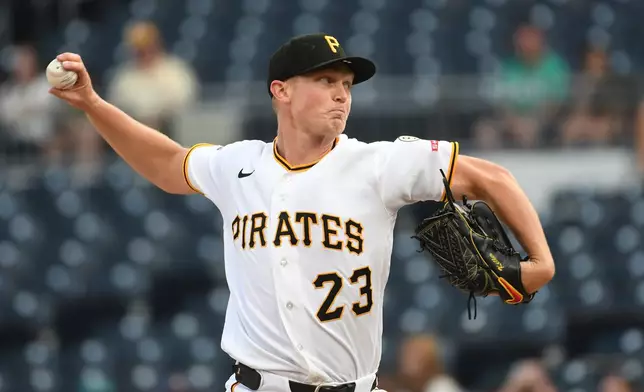 Pittsburgh Pirates starting pitcher Mitch Keller throws a first inning pitch to the Seattle Mariners in a baseball game, Tuesday, June 23, 2026, in Pittsburgh. (AP Photo/Philip G. Pavely)