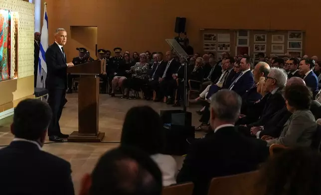 Canadian Prime Minister Mark Carney speaks to community leaders and community members at Holy Blossom Temple in Toronto on Monday, June 1 2026. (Chris Young/The Canadian Press via AP)