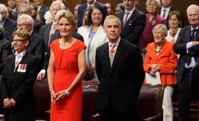 Prime Minister Mark Carney and his wife Diana Fox Carney attend the Governor General Designate Louise Arbour's installation in Ottawa on Monday, June 8, 2026. (Spencer Colby/The Canadian Press via AP)