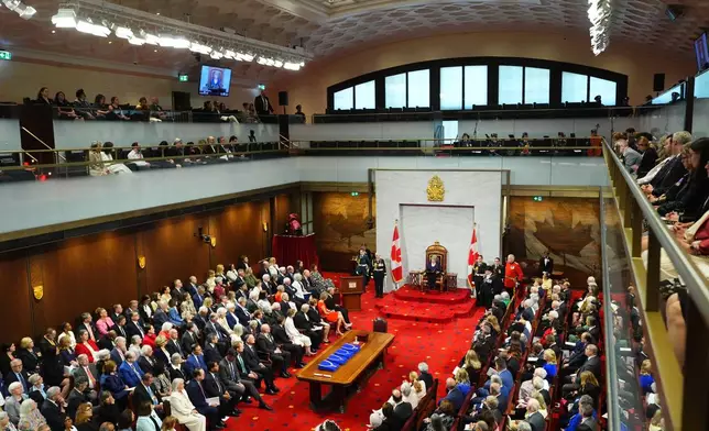 Governor General Louise Arbour delivers her speech in the Senate as she is installed as Canada's 31st Governor General in Ottawa on Monday, June 8, 2026. (Sean Kilpatrick/The Canadian Press via AP)