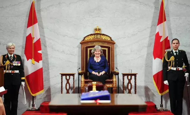 Governor General Louise Arbour smiles as she takes the throne after her oath in the Senate as she is installed as Canada's 31st Governor General in Ottawa on Monday, June 8, 2026. (Sean Kilpatrick/The Canadian Press via AP)