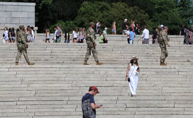 National guard on patrol at the Lincoln Memorial, Wednesday, June 24, 2026, in Washington. (AP Photo/Rahmat Gul)