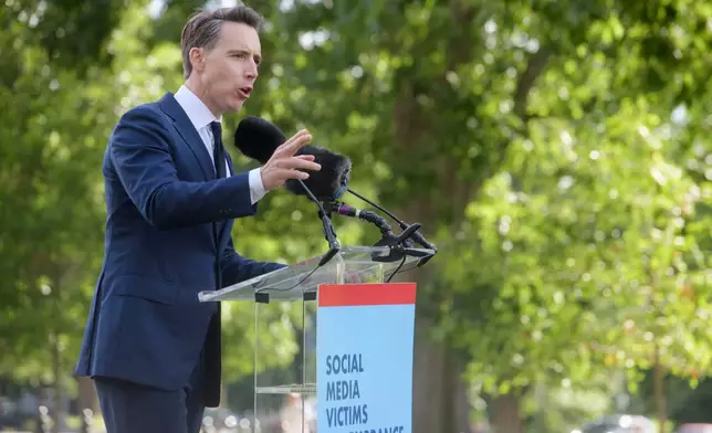 Sen. Josh Hawley, R-Mo. speaks during a Social Media Victims Remembrance Day memorial on Capitol Hill, Tuesday, June 23, 2026, in Washington. (AP Photo/Rod Lamkey, Jr.)