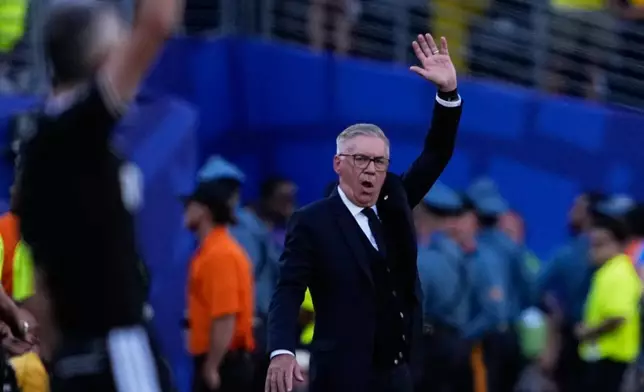 Brazil head coach Carlo Ancelotti reacts during the World Cup Group C soccer match between Brazil and Morocco in East Rutherford, N.J., near New York, Saturday, June 13, 2026. (AP Photo/Petr David Josek)