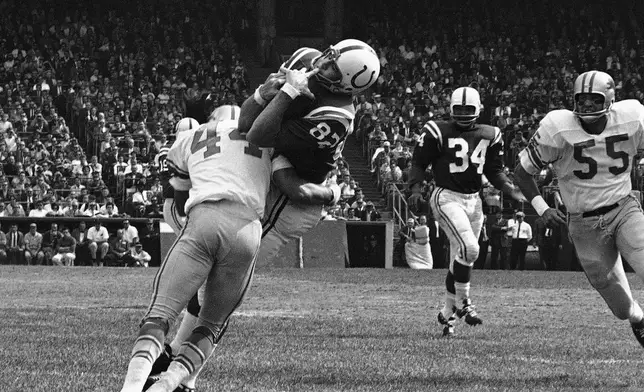 FILE - In this Sept. 30, 1962, file photo, Baltimore Colts end Raymond Berry snags a pass from quarterback John Unitas for 5-yard gain against the Detroit Lions in a football game in Baltimore. Lions' Dick LeBeau (44) makes the tackle. (AP Photo/File)