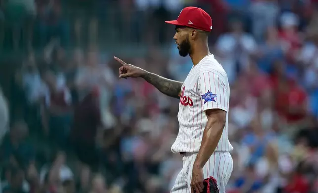 Philadelphia Phillies' Cristopher Sánchez reacts after pitching during the sixth inning of a baseball game against the San Diego Padres on Wednesday, June 3, 2026, in Philadelphia. (AP Photo/Matt Slocum)