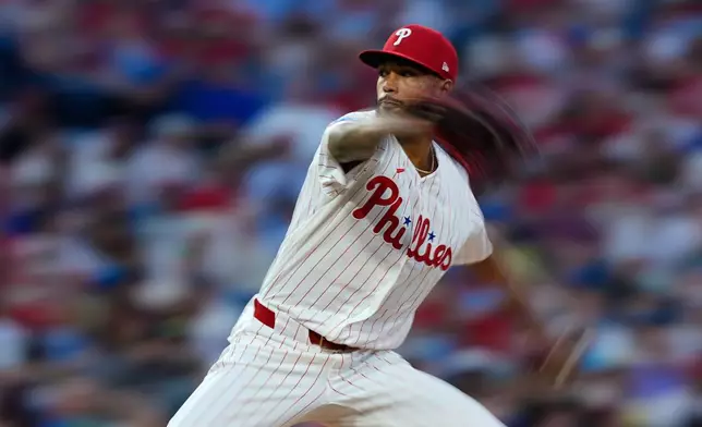 Philadelphia Phillies' Cristopher Sánchez pitches during the seventh inning of a baseball game against the San Diego Padres on Wednesday, June 3, 2026, in Philadelphia. (AP Photo/Matt Slocum)