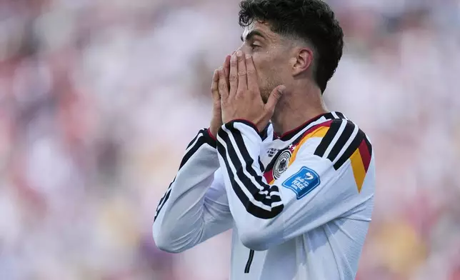 Germany's Kai Havertz (7) reacts to a missed opportunity during the World Cup Group E soccer match between Germany and Ivory Coast in Toronto, Saturday, June 20, 2026. (AP Photo/Alexandra Antoniono)