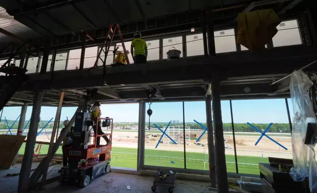 Construction continues at Belmont Park Tuesday, May 19, 2026, in Elmont, N.Y. (AP Photo/Frank Franklin II)