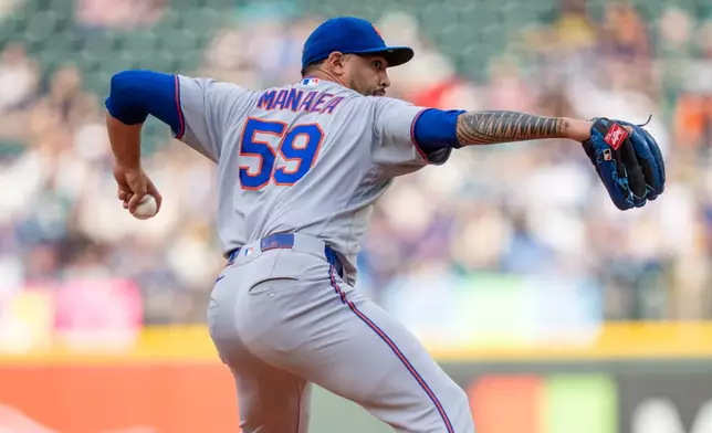New York Mets reliever Sean Manaea delivers a pitch during the second inning of a baseball game against the Seattle Mariners, Monday, June 1, 2026, in Seattle. (AP Photo/Stephen Brashear)