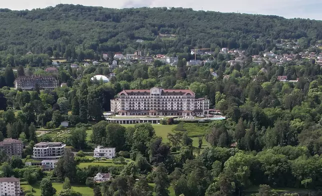 FILE - An aerial view of the Hotel Royal in the town of Evian-les-Bains in eastern France, Monday, June 1, 2026, where the upcoming G7 summit is due to take place June 15-17. (AP Photo/Baz Ratner, File)