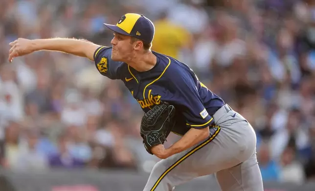 Milwaukee Brewers starting pitcher Jacob Misiorowski works against the Colorado Rockies in the second inning of a baseball game Saturday, June 6, 2026, in Denver. (AP Photo/David Zalubowski)