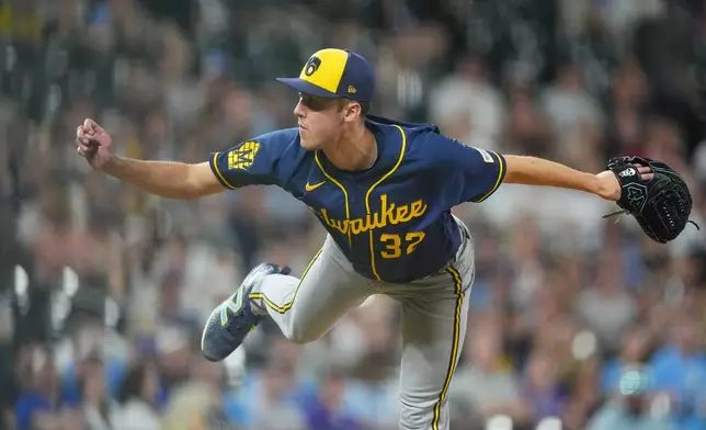 Milwaukee Brewers starting pitcher Jacob Misiorowski works against the Colorado Rockies in the seventh inning of a baseball game Saturday, June 6, 2026, in Denver. (AP Photo/David Zalubowski)