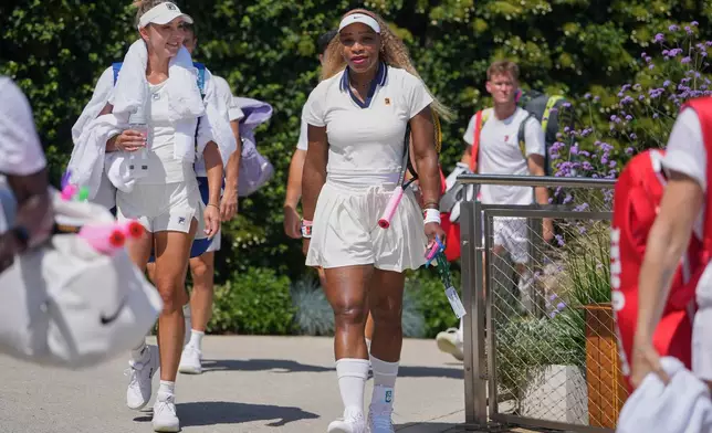 Serena Williams of the United States attends a practice session ahead of the Wimbledon Tennis Championships, in London, Wednesday, June 24, 2026. (AP Photo/Kin Cheung)