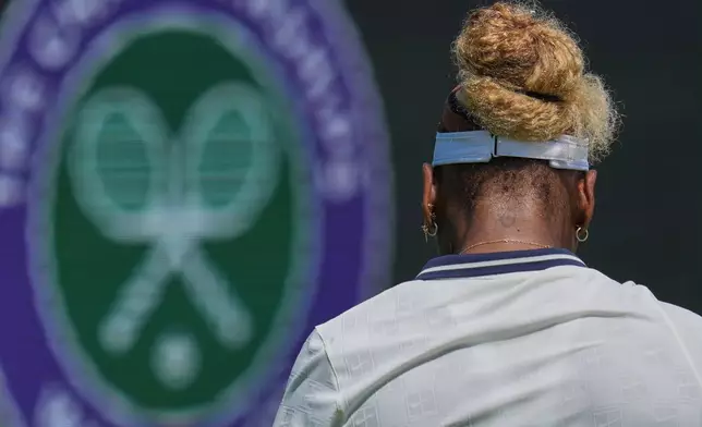Serena Williams of the United States attends a practice session ahead of the Wimbledon Tennis Championships, in London, Wednesday, June 24, 2026. (AP Photo/Kin Cheung)