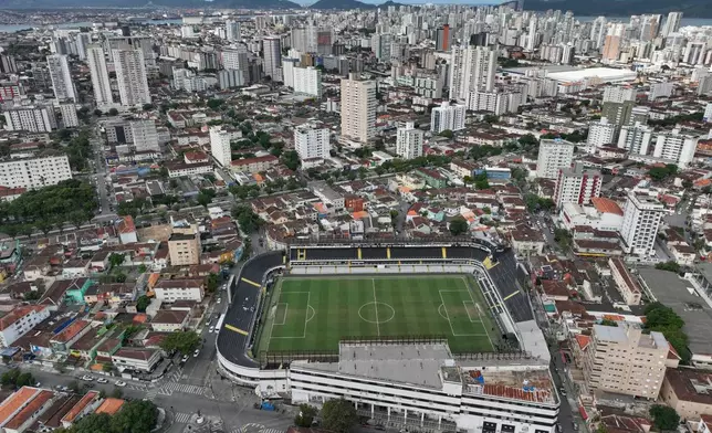 Santos' Vila Belmiro stadium sits in Santos, Brazil, Thursday, May 28, 2026. (AP Photo/Andre Penner)