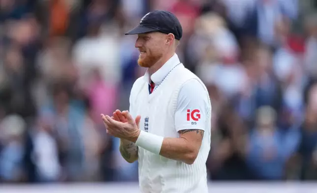 England's Ben Stokes reacts as he leaves the field after their win in the Test match against New Zealand at Lord's cricket ground in London, Sunday, June 7, 2026. (AP Photo/Kirsty Wigglesworth)