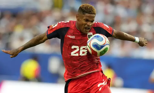 Cape Verde's Helio Varela controls the ball before scoring his side's second goal against Uruguay during the World Cup Group H soccer match in Miami Gardens, Fla., Sunday, June 21, 2026. (AP Photo/Lynne Sladky)