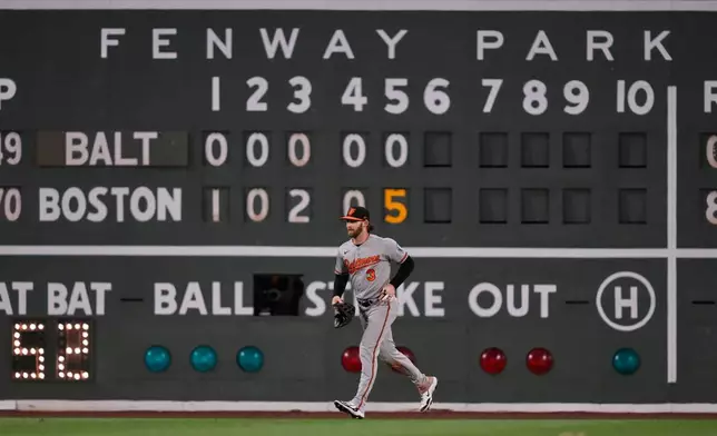 Baltimore Orioles left fielder Taylor Ward heads to the dugout at the completion of a tough fifth inning of a baseball game against the Boston Red Sox, Wednesday, June 3, 2026, in Boston. (AP Photo/Charles Krupa)