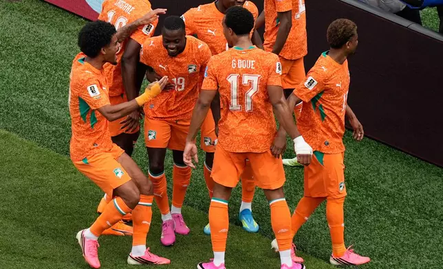 Ivory Coast's Nicolas Pepe (19) celebrates after scoring the opening goal during the World Cup Group E soccer match between Curacao and Ivory Coast in Philadelphia, Thursday, June 25, 2026. (AP Photo/Matt Slocum)