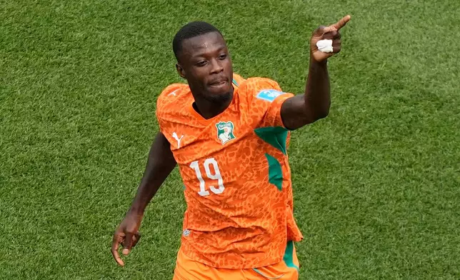 Ivory Coast's Nicolas Pepe (19) celebrates after scoring the opening goal during the World Cup Group E soccer match between Curacao and Ivory Coast in Philadelphia, Thursday, June 25, 2026. (AP Photo/Matt Slocum)