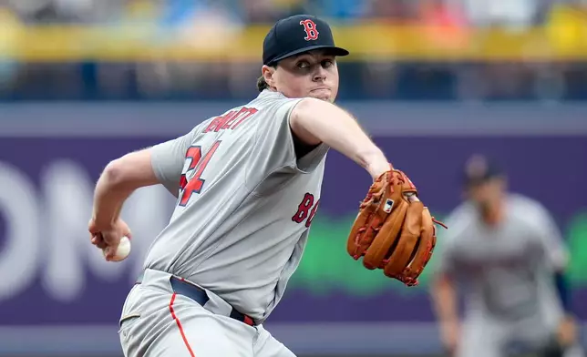 Boston Red Sox pitcher Jake Bennett goes into his delivery against the Tampa Bay Rays during the first inning of a baseball game Wednesday, June 10, 2026, in St. Petersburg, Fla. (AP Photo/Chris O'Meara)