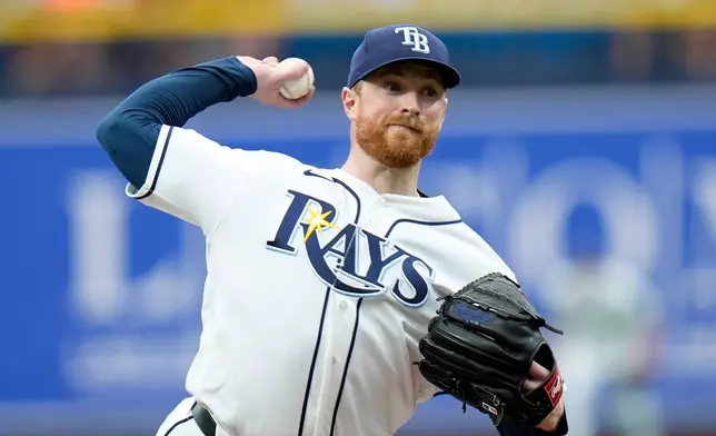 Tampa Bay Rays pitcher Drew Rasmussen delivers to the Boston Red Sox during the first inning of a baseball game Wednesday, June 10, 2026, in St. Petersburg, Fla. (AP Photo/Chris O'Meara)