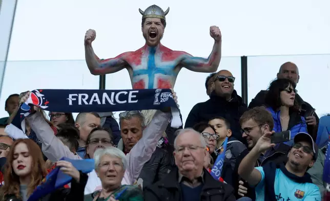FILE - A Norwegian fan reacts ahead of the Women's World Cup Group A soccer match between Norway and Nigeria at stadium Auguste Delaune in Reims, France, Saturday, June 8, 2019. (AP Photo/Alessandra Tarantino, File)
