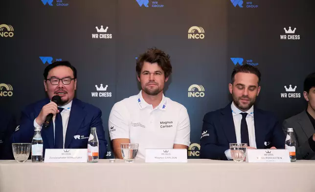 H.E. Mr Zandanshatar Gombojav (Left 1), the 34th Prime Minister of Mongolia, attends the WR Chess press conference in Hong Kong, 16 June 2026.
