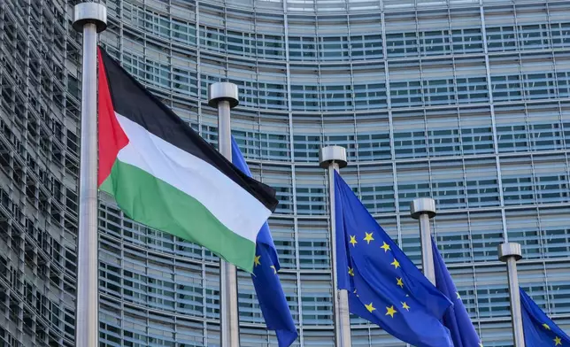 The Palestinian and EU flags flap in the wind outside EU headquarters prior to a Palestinian Donors Conference in Brussels, Monday, July 13, 2026. (AP Photo/Marius Burgelman)