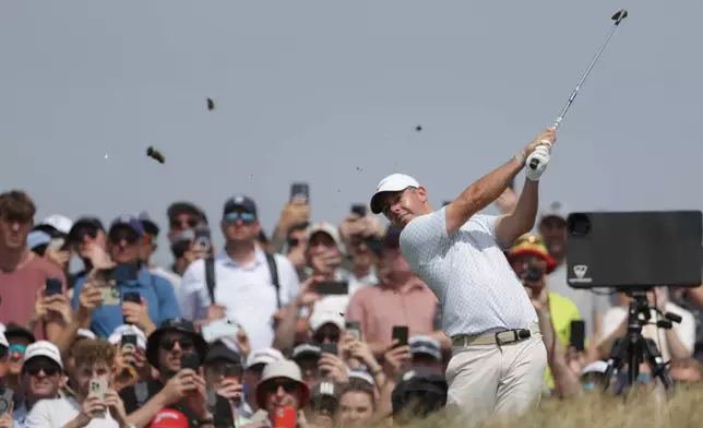 Rory McIlroy of Northern Ireland tees off the 7th hole during the second day of the British Open Golf championships at Royal Birkdale golf club, in Southport, England, Friday, July 17, 2026. (AP Photo/Peter Morrison)